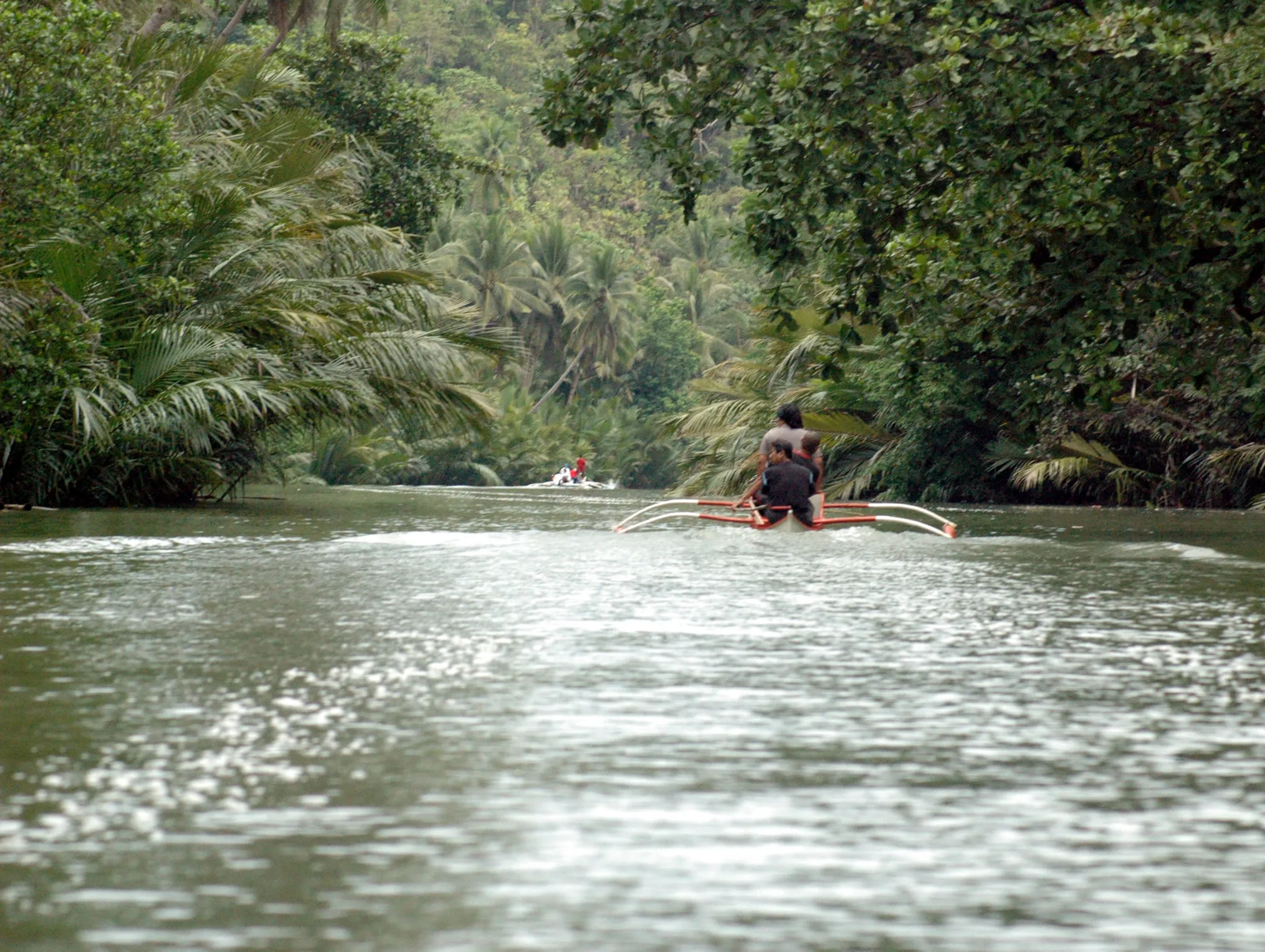 Two people paddling an outrigger boat up the Abatan River between nipa palms and mangroves