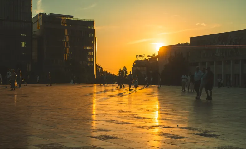 Sunset over Skanderbeg Square, Tirana